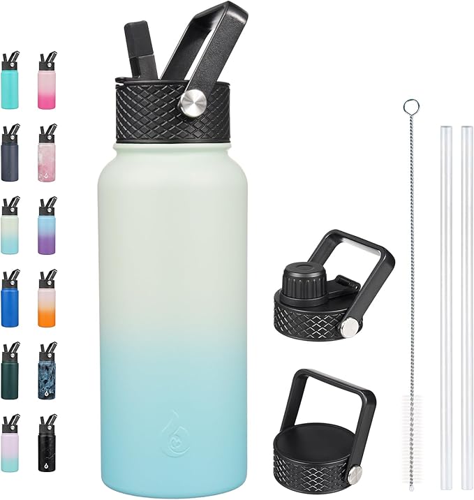 BJPKPK Insulated Water Bottles with Straw Lid, 32oz Metal Large Water Bottle with 3 Lids, Reusable Leak Proof BPA Free Thermo, Stainless Steel Tumblers for Sports, Gym, Travel-Mint