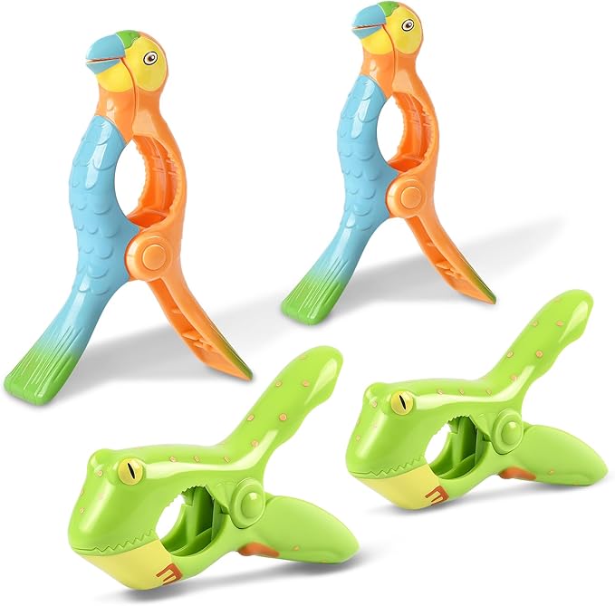 Beach Towel Clips, Sopito Jumbo Size Towel Clips for Beach Chairs Cruise Patio and Pool Accessories, Set of 4 (Green Orange Frog Parrot)