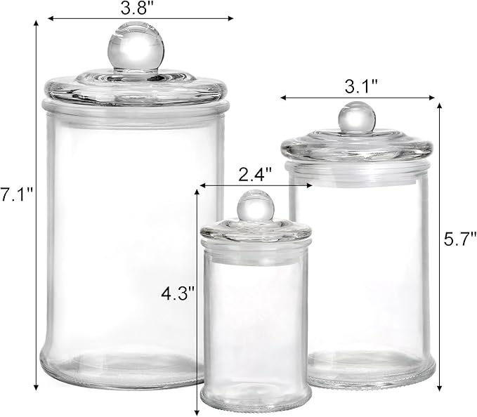 Suwimut Set of 3 Glass Apothecary Jars with Lids, Bathroom Canisters Storage Container Jars, Decorative Small Glass Apothecary Jar for Cotton Swabs, Cotton Balls, Makeup Sponges, Bath Salts