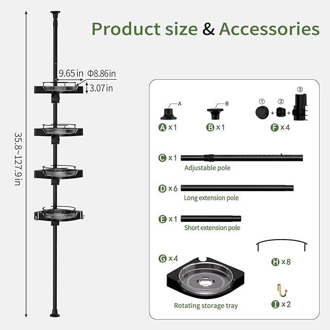 Shower Caddy Tension Pole with 4 L-Lazy Susan Organizer 360 Rotating 35-128 Inch No Drilling Floor Standing Shelves Adjustable Shower Rack for Bathroom Corner (Black)