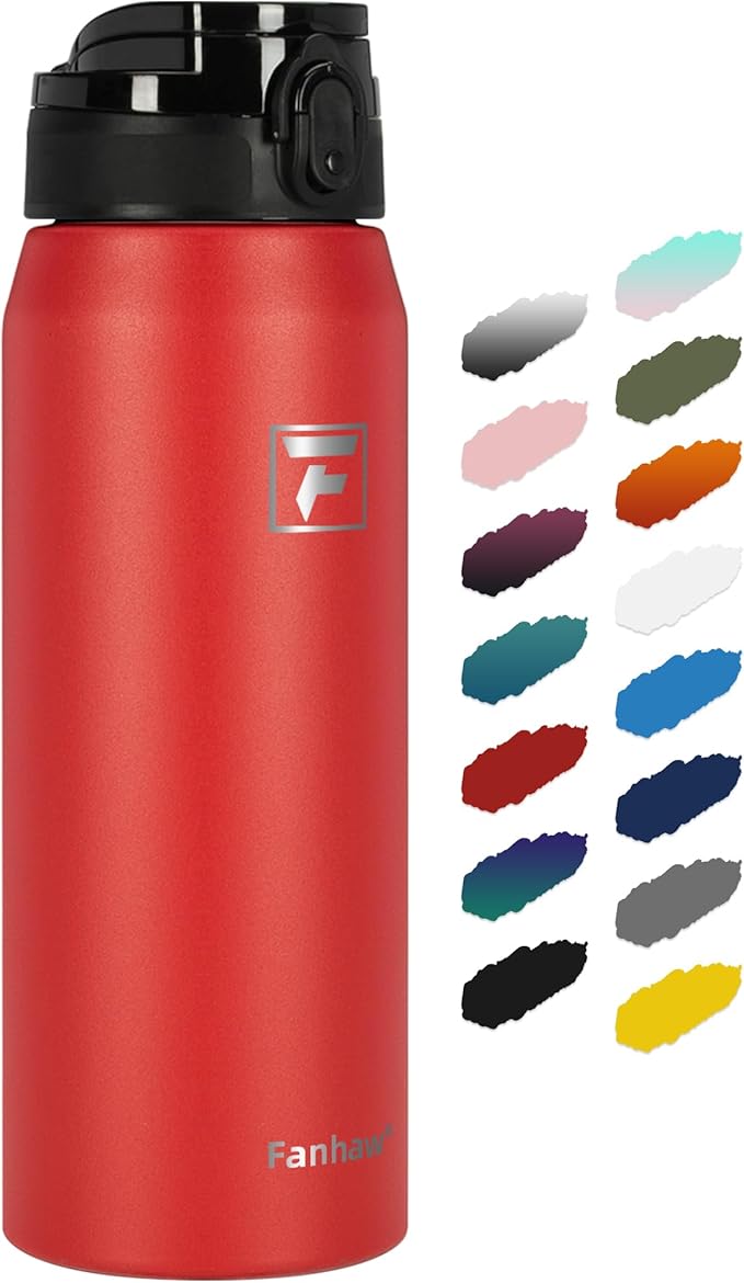 Fanhaw 24 oz Insulated Stainless Steel Water Bottle with Anti-Dust Chug Lid, Leakproof Vacuum Metal Bottle for Kids, Women & Men (Red)