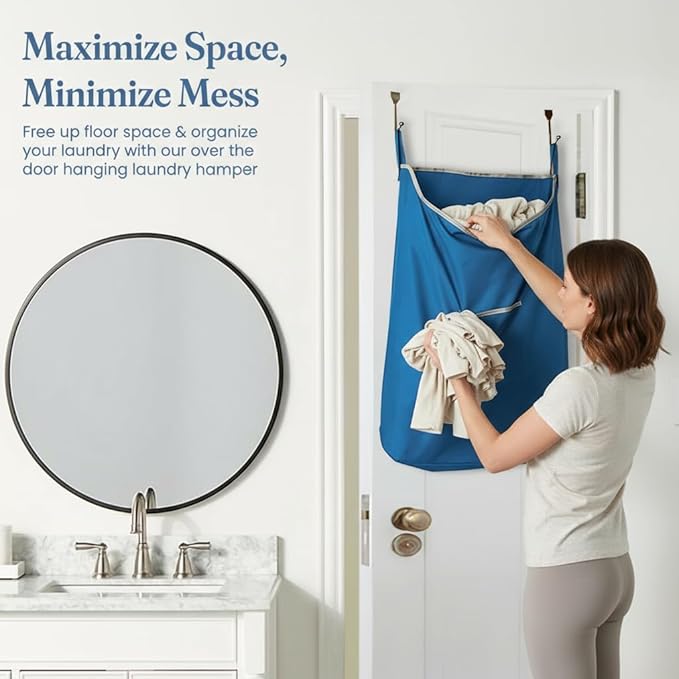 The Fine Living Co. X-Large Hanging Laundry Hamper with Over Door Hooks & Adhesive, Durable Space Saving Laundry Bag with Zipper and Wide Open Top, Hanging Dorm Laundry Hamper 20"x3.75"x31" (Blue-XL)
