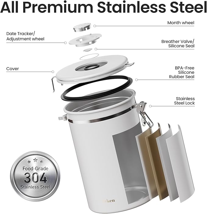 Veken Coffee Canister, 39OZ Large, Airtight Stainless Steel Food Storage Container for 2.2lbs Coffee Beans, Ground, Sugar, Tea, Flour, Cereal, Kitchen Bar Accessories with Date Tracker & Scoop, White