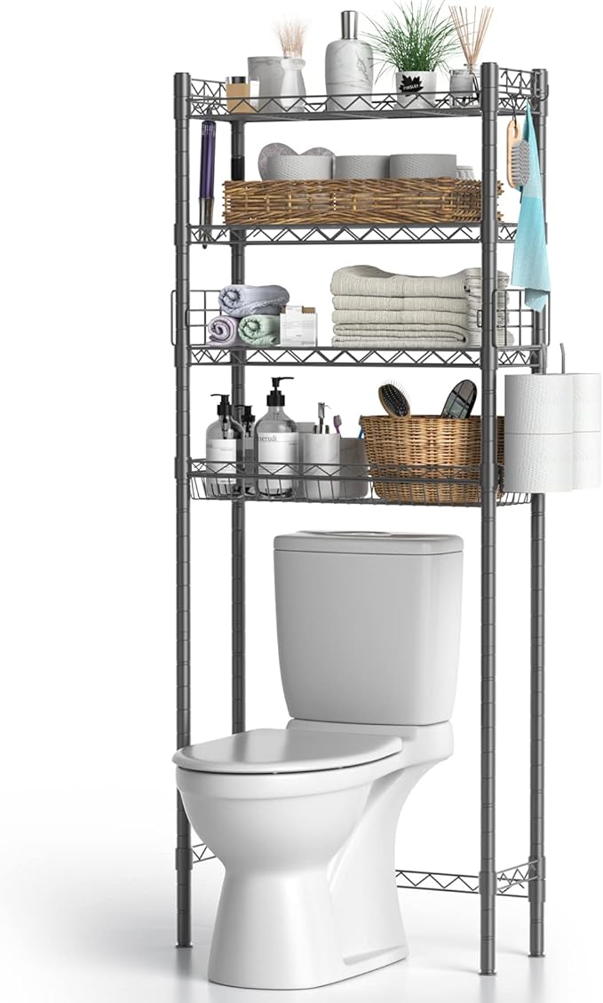 4-Tier Over The Toilet Storage, Adjustable Over Toilet Bathroom Organizer Rack, Freestanding Bathroom Shelves Above Toilet Storage, Sturdy Bathroom Space Saver with Basket and Shelves, Gray