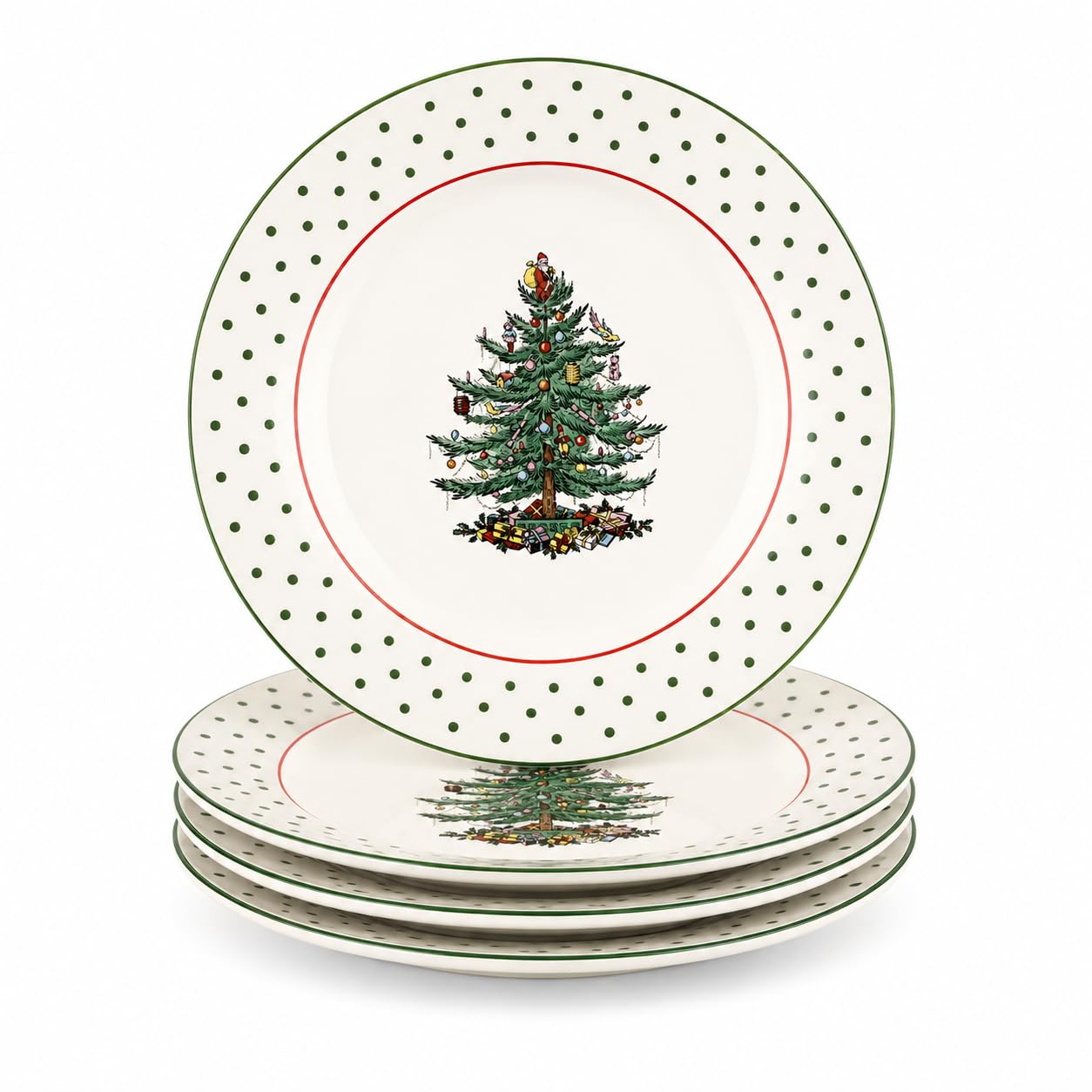 Spode Christmas Tree Polka Dot Dessert Plate (Set of 4) - Festive 8-Inch Stoneware Plates for Holiday Entertaining, Appetizers, Snacks - Microwave, Dishwasher, Freezer Safe Party Appetizer Dishes