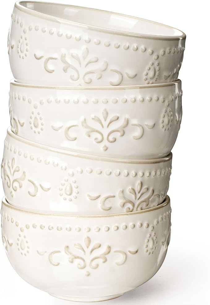 Artena Small Bowls Set of 4, 12 oz Ceramic Embossment Dessert Bowls, white Bowl for Kitchen, Ice Cream, Side Dishes, Rice, Cereal, Fruit, 4.5 Inch, Microwave & Dishwasher Safe, Wheat Leaf
