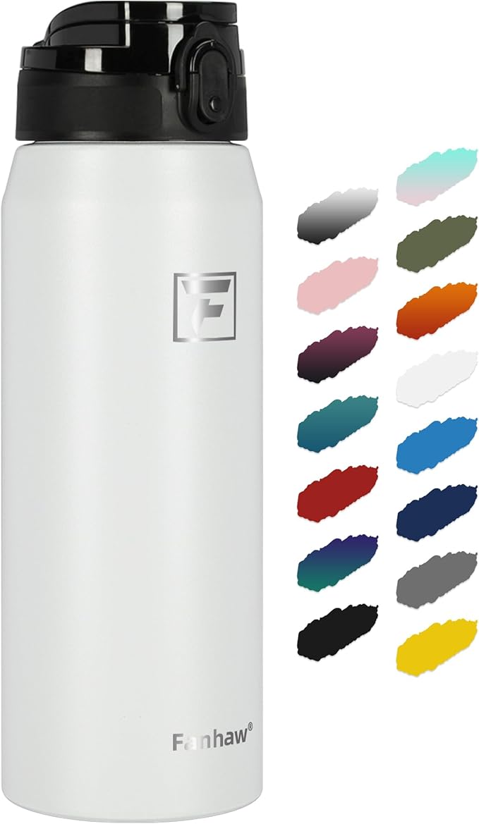 Fanhaw 24 oz Insulated Stainless Steel Water Bottle with Anti-Dust Chug Lid, Leakproof Vacuum Metal Bottle for Kids, Women & Men (White)
