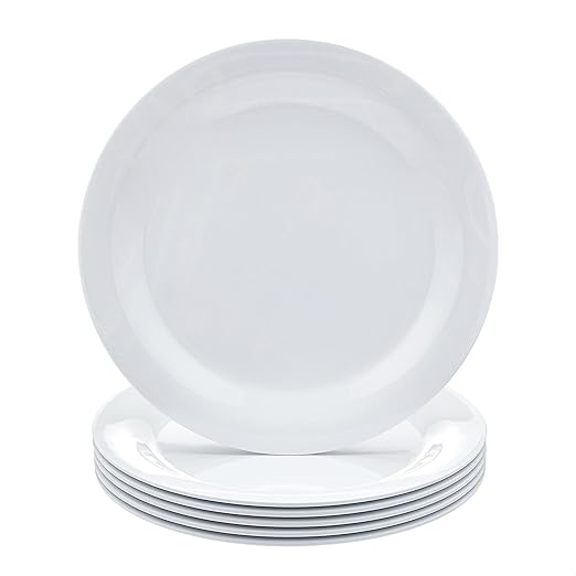 Amazon Basics Melamine Dinner Plates for Restaurants and Home, Dishwasher Safe, BPA Free, Break and Crack Resistant, 10.5", White, 6-Piece Set