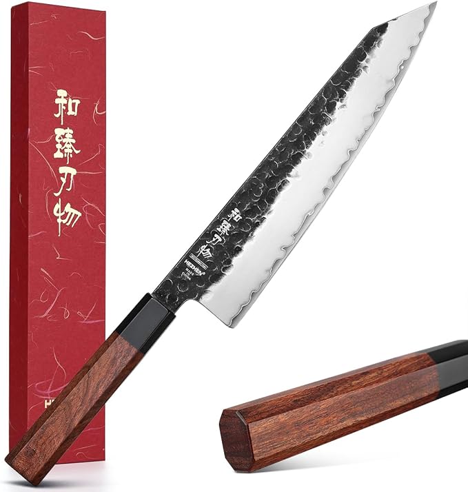 HEZHEN Santoku Knife, 7 Inches, 3 Layers Clad Steel Chef Knife,Professional Japanese Kitchen Knife for Chefs and Home Cooking,Wooden Octagonal Handle