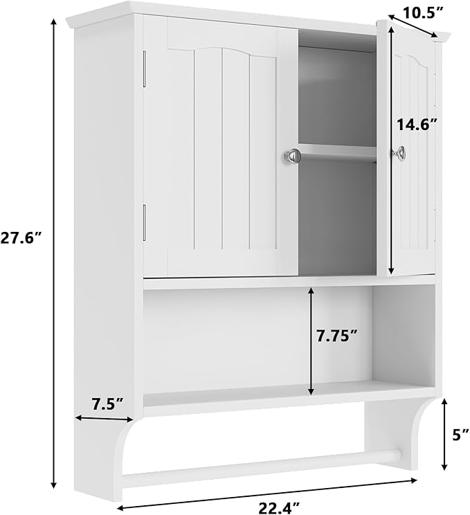 Bathroom Cabinet, White Bathroom Wall Cabinet with 2 Doors and Adjustable Shelf, Wall Mount, Towel Rack, Over The Toilet Storage Cabinet, Medicine Cabinet