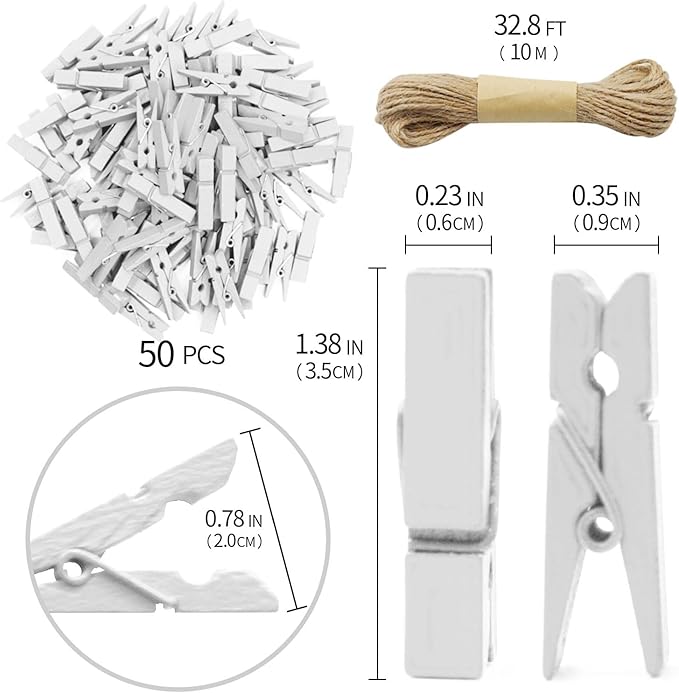 1.35 Inch Mini Clothes Pins for Photo100 Pcs with 32 Feet Jute Twine, Mini Clothes Pins for Crafts, Wooden Small Clothespins for Pictures, Tiny Decorative Clothespins for Baby Shower (White)