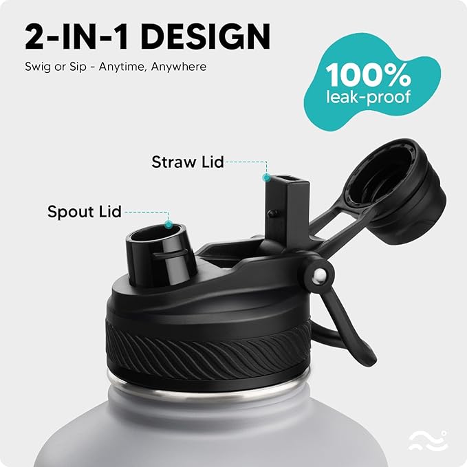 [2-IN-1 LID] 64 oz Insulated Water Bottle with Silicone Boot (48hrs Cold/24hrs Hot) - DIY Stickers, Leakproof, BPA Free, Half Gallon