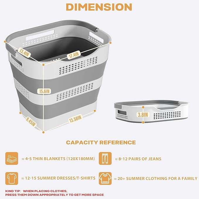 43L+43L Collapsible Laundry Baskets plastic, Pop Up Laundry hamper/Storage Container, Foldable Laundry Basket with Handles, Durable,Space Saver (Grey, 2 Packs)