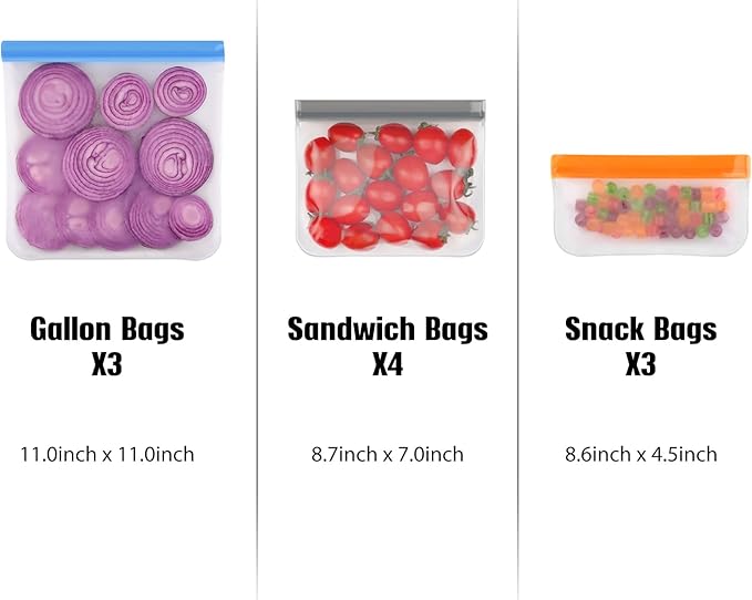 Lerine 10 Pack Dishwasher Safe Reusable Bags Silicone, Leakproof Reusable Freezer Bags, BPA Free Food Storage Bags for Lunch Marinate Food Travel(Grey) - 3 Gallon 4 Sandwich 3 Snack Bags