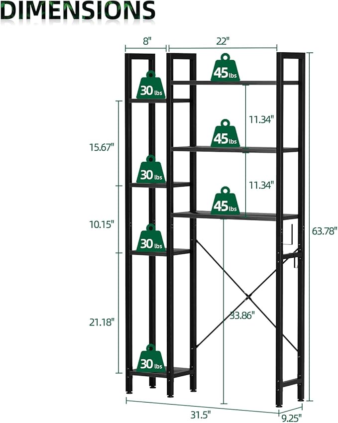 OTK Over The Toilet Storage with 7-Tier Bathroom Organizer Shelf, Freestanding Space Saver with Adjustable Feet & Hooks, Storage Rack for Bathroom, Restroom, Laundry, Black
