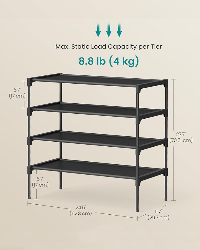 SONGMICS Shoe Rack, 4-Tier Shoe Storage Organizer, Space-Saving, 11.7 x 24.5 x 27.7 Inches, Entryway, Metal Frame, Non-Woven Fabric Shelves, Ink Black ULSH024BH01