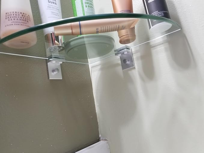 Tempered Glass Corner Shower Shelves for Inside Shower, 2-Pack No Drill Adhesive Bathroom Organizer, Rustproof Aluminum Brackets, Glass Shower Corner Shelf