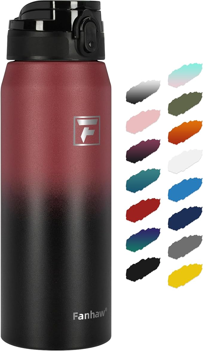 Fanhaw 24 oz Insulated Stainless Steel Water Bottle with Anti-Dust Chug Lid, Leakproof Vacuum Metal Bottle for Kids, Women & Men (Red Black)