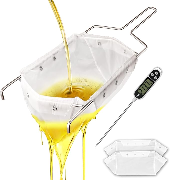 3 Pcs Deep Fryer Filter Bag & Frame Set, Reusable Oil Strainer Compatible with 40L/60L Deep Fryers, Fine Mesh to Capture Crumbs, Durable for Home & Commercial Use, with 1 Professional Food Thermometer
