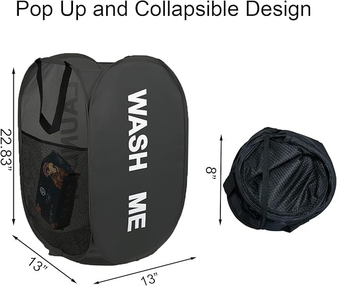 Collapsible Mesh Pop Up Laundry Hamper 2Pack Foldable Laundry Basket for clothing, stuffed animals, towels, for Laundry Room, Dorm, Apartment (Black+Grey)