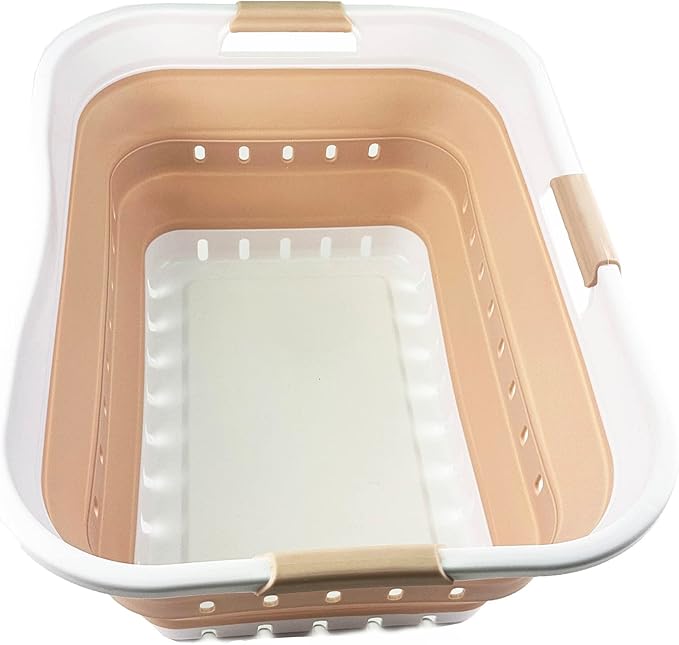SAMMART 42L (11 gallon) Collapsible Plastic Laundry Basket - Foldable Pop Up Storage Container/Organizer - Space Saving Hamper/Basket (White/Beige)