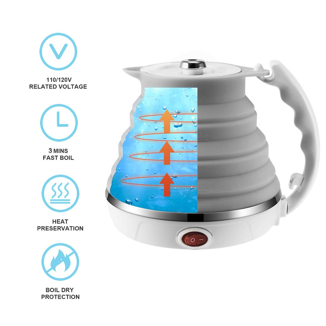 Food Grade Silicone Portable Collapsible Electric Travel Kettle (Blue)