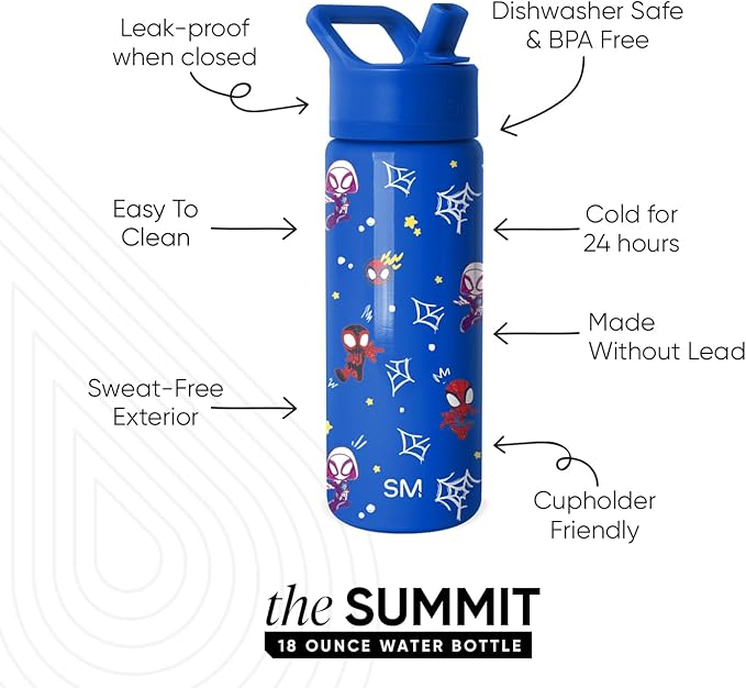 Simple Modern Kids Summit Water Bottle with Straw Lid | Marvel Spider-man 18oz Stainless Steel Cup Insulated Tumbler for Boys, School | Spidey & Friends
