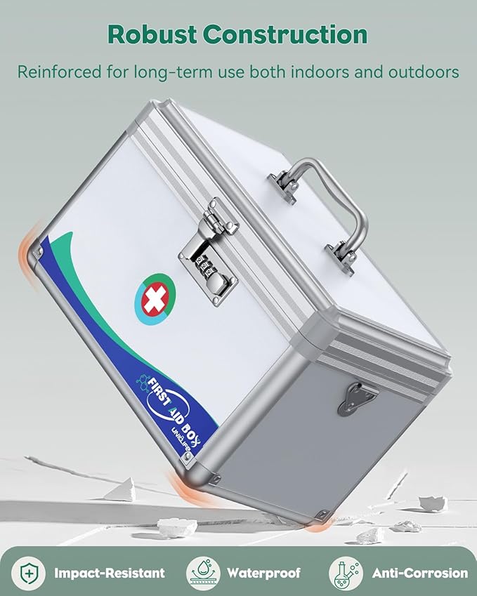 Uniclife Medicine Lock Box First Aid Box with Combination Lock, Handle & Shoulder Strap, Portable Medication Lock Box, 12" x 7" x 7.5" Silver Aluminum Alloy Storage Box