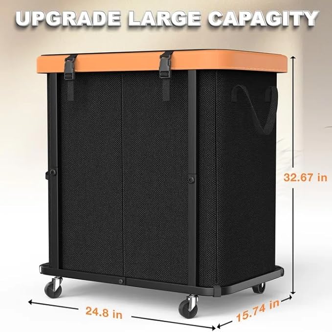 190L (50 Gal) Large Fashion Laundry Basket with Wheels, Leather Patchwork Rolling Hamper Carts, Sturdy Metal Frame, Removable Washable Bag, Tall Clothes Sorter for Bedroom - 2 Setion Black