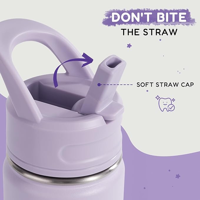 12oz Kids Water Bottle for School, Toddler Bottles with Straws, Stainless Steel Vacuum Insulated Water Bottle for Boys&Girls, Leak-Proof, BPA-Free, Lavender