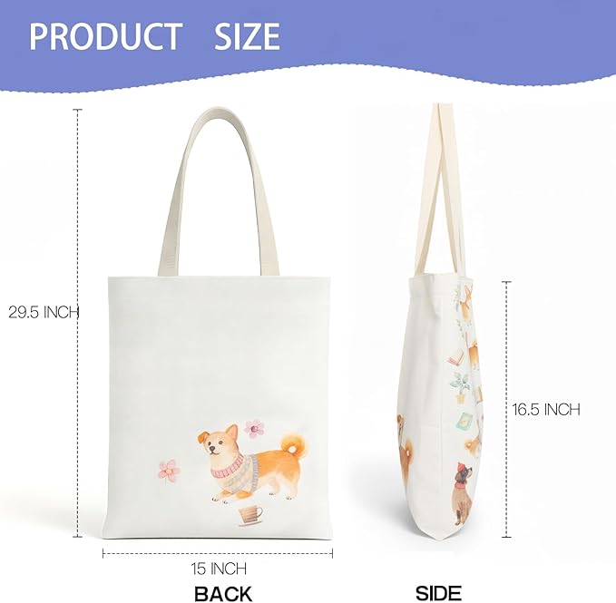 MOLOVA 1-PACK Reusable Grocery Shopping Bag, Cute Dog Pattern Canvas Tote Bag with Magnetic Snap Closure and Zipper Inner Pocket