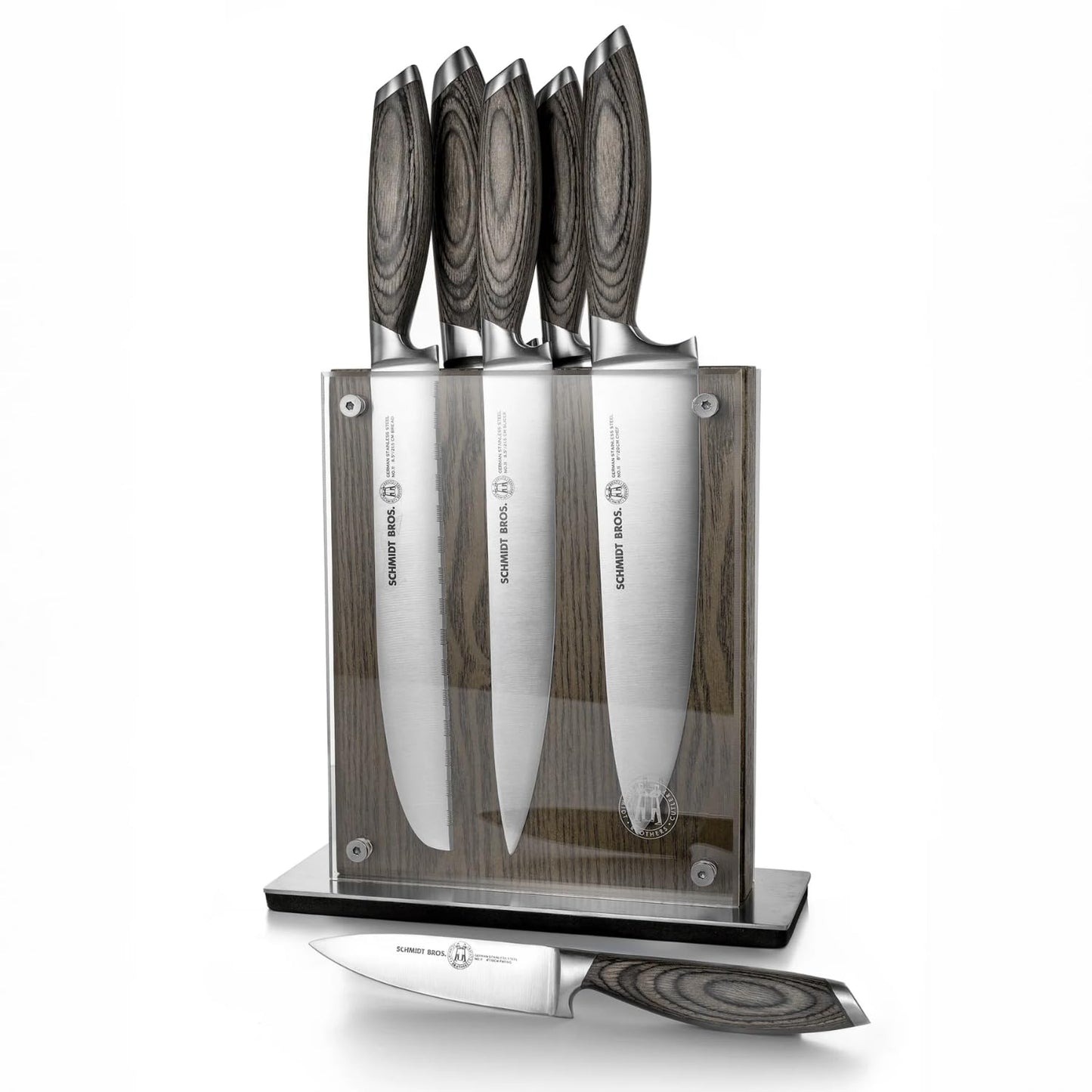Schmidt Brothers - Bonded Ash 7-Piece Kitchen Knife Set, High-Carbon German Stainless Steel Cutlery, Ash Finish Wood Handles and Clear Acrylic Magnetic Knife Block