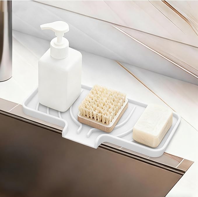 GUUKIN Sponge Holder for Kitchen Sink, 9.8"×4.9" Silicone Dish Drying Mat, Scrub Daddy Holder, Kitchen Sink Accessories, Suitable for Kitchens & Bathrooms (White)