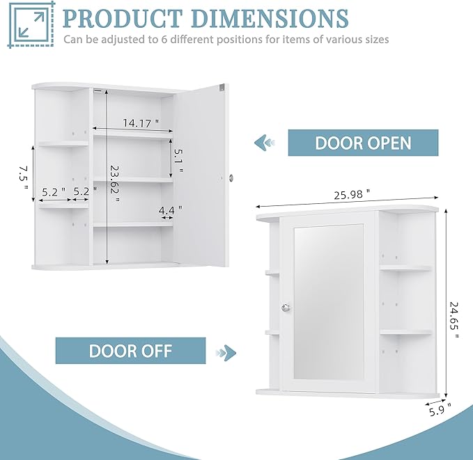 Shintenchi Bathroom Wall Cabinet with Mirror, Mounted Medicine Cabinets with 4 Internal and 6 Open Shelves, Mirrored Door Over The Toilet Storage, Solid White