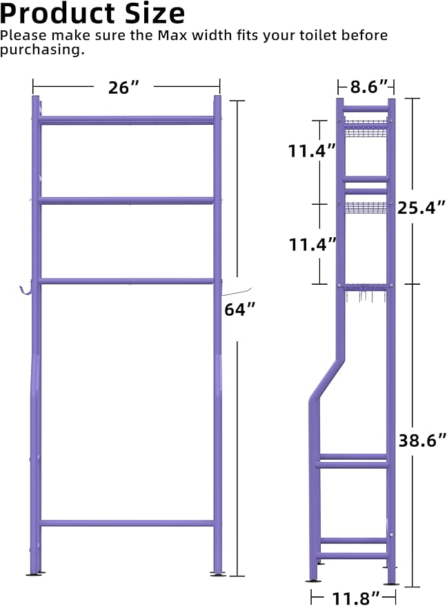 3-Tier Over The Toilet Storage, Freestanding Metal Bathroom Shelves with 4 Hooks, Over Toilet Storage Shelf with Paper Holder, Above The Toilet Shelf for Bathroom Storage, Purple