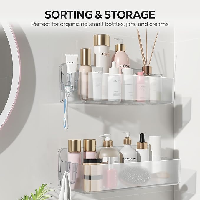 Nieifi Adhesive Wall Shelf, Shower Shelves 2 Pack, Shower Organizer for Bathroom Organization, Clear