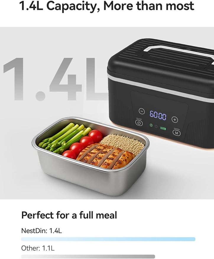 Cordless Heated Lunch Box: 1.4L Electric Lunch Box With Battery Powered, Custom Heating Time and Preset Heating Function for Adult - Portable Food Warmer for Office, Travel, Outdoor