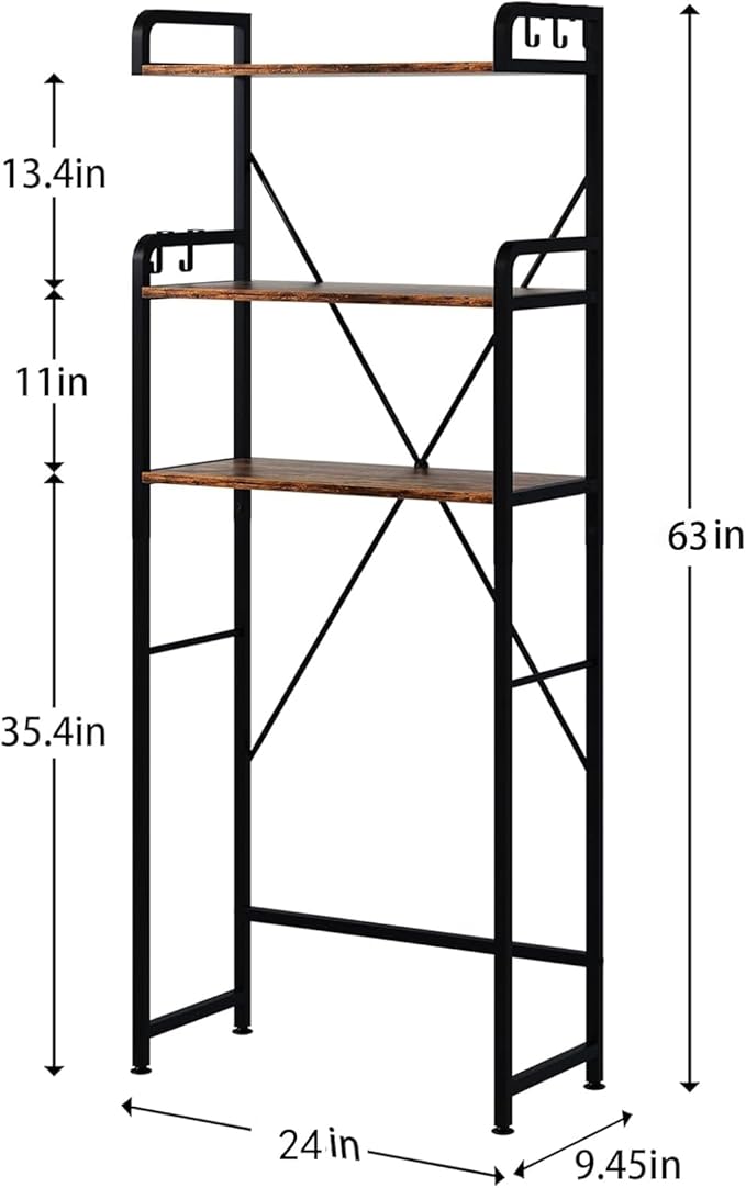 Over The Toilet Storage Rack with 3-Tier Bathroom Shelves, Space Saver Toilet Shelf, Bathroom Storage Organizer with Hooks for Over Toilet Storage and Shelf (Rustic Brown)