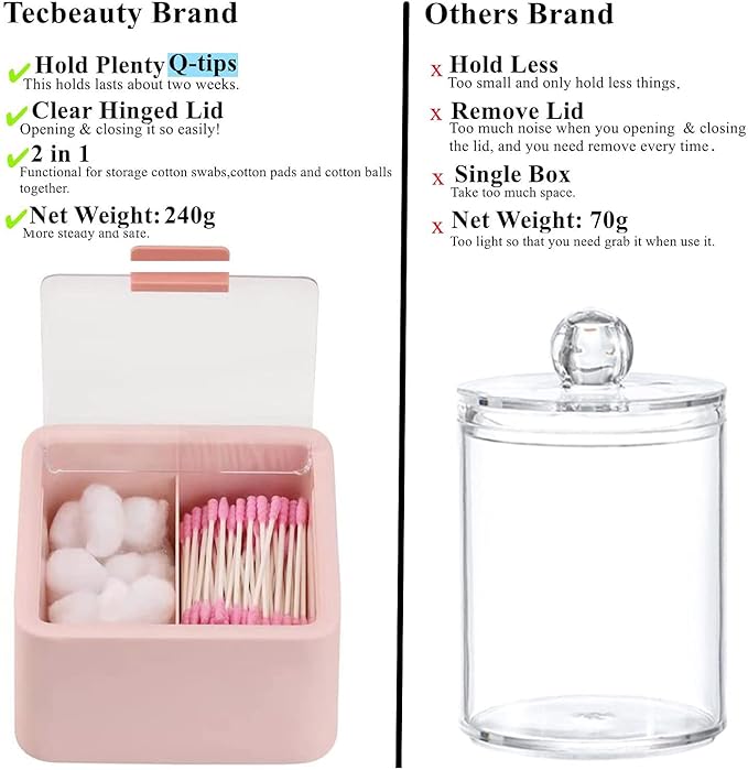 Tecbeauty 2pcs Qtips Holder Dispenser Cotton Swabs Storage Organizer Plastic Bathroom Canisters with Hinged Lids, Divide 2 Grids