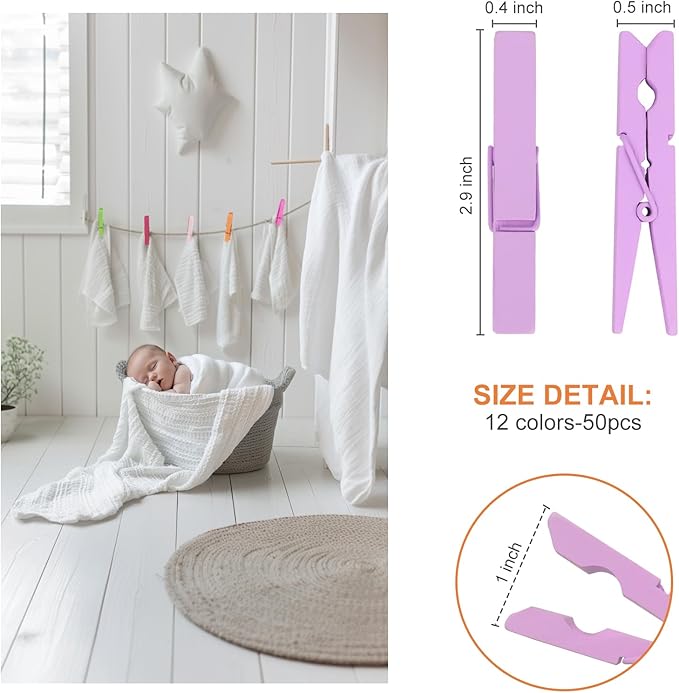 Colored Clothes pins 12 Color, Colorful ClothesPins Wooden Clips for Photos Pictures Decorative Crafts, Decoration clothespins Clothing Hanging clothespins 2.9inch 36PCS (Rainbow Colors)