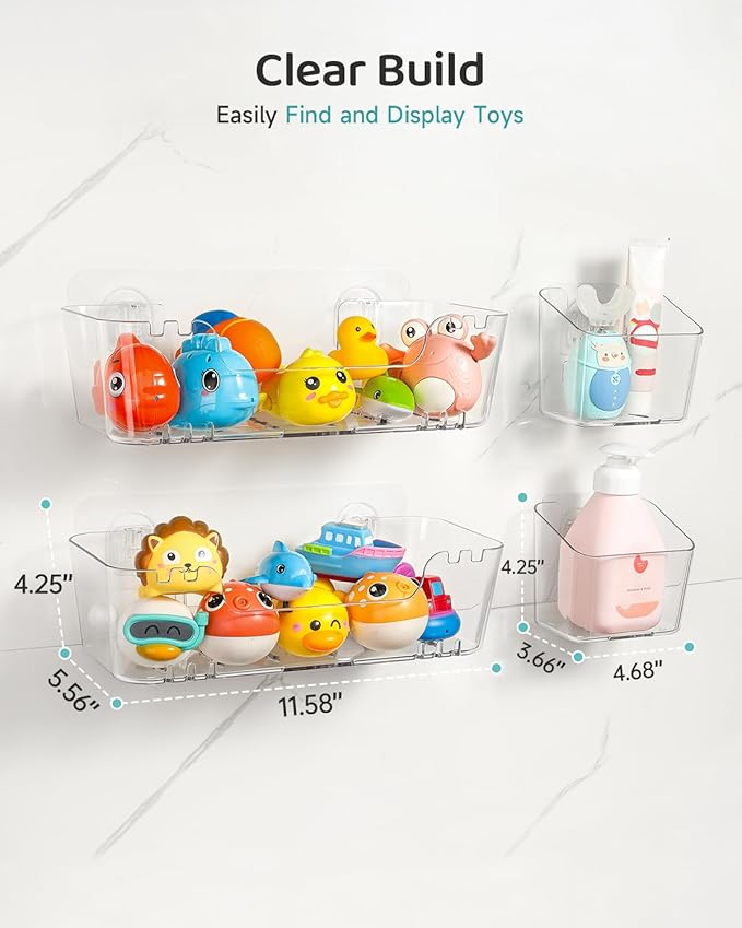 Bath Toy Storage Organizer 2+2 Pack, Transparent Bath Toy Holder with Drain Holes, Durable Plastic Bathtub Toy Storage for Bathroom, Quick-Dry Drainable Shower Caddy, Easy to Clean (Clear 2+2 Pack)