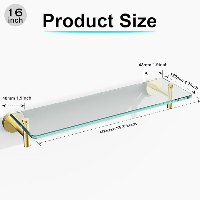 Glass Shelves for Bathroom,16-Inch Brushed Gold Floating Bathroom Shelf Stainless Steel Tempered Glass Shelf Modern Shelves Wall Mounted