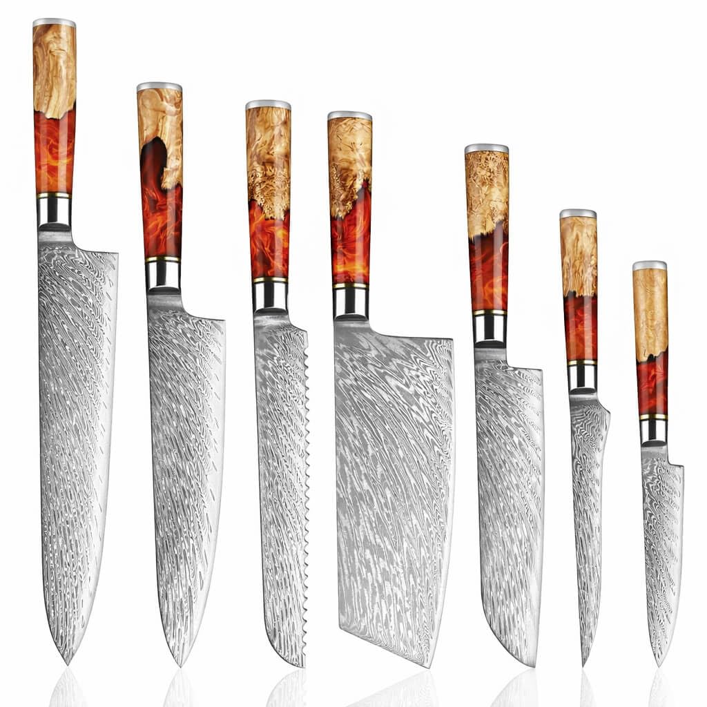 SENKEN 7-Piece Damascus Kitchen Knife Set - Tsunami Collection - 67-Layer Japanese VG10 Steel - Chef's Knife, Cleaver, Santoku, Bread, Boning, & More