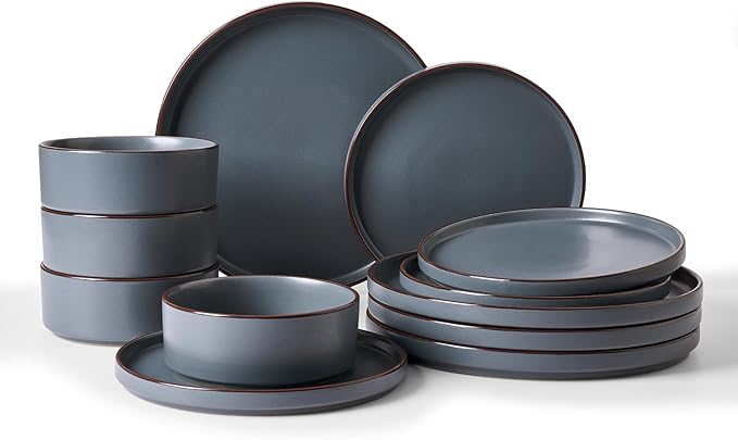 Famiware Nebula Ridge 12-Piece Stoneware Dinnerware Set, Dark Green