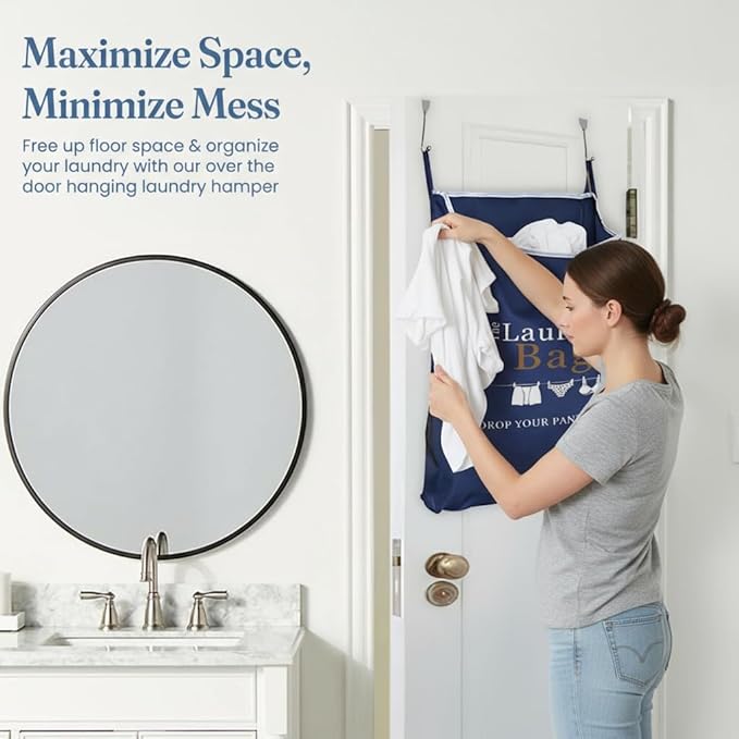 Fine Living Co. Large Hanging Laundry Hamper with Over Door Hooks & Adhesive, Durable Space Saving Laundry Bag with Zipper and Wide Open Top, Hanging Dorm Laundry Hamper (Navy Blue with Print-XL)