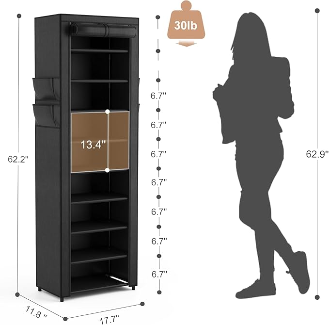 Shoe Rack with Cover Narrow Shoe Organizer with 4 Side Pockets 10 Tier Tall Shoe Storage Holds 18-22 Pairs Shoes and Boots Shoe Rack for Closet Entryway Garage