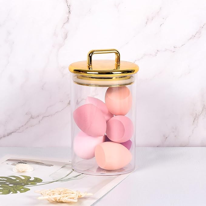 24 oz Medium Acrylic Storage Apothecary Jar with Gold Airtight Lid | Bathroom Vanity Organizer Containers | Ideal Decorative Canisters for Shells, Bath Salt, Grains, Cotton Ball, Flossers