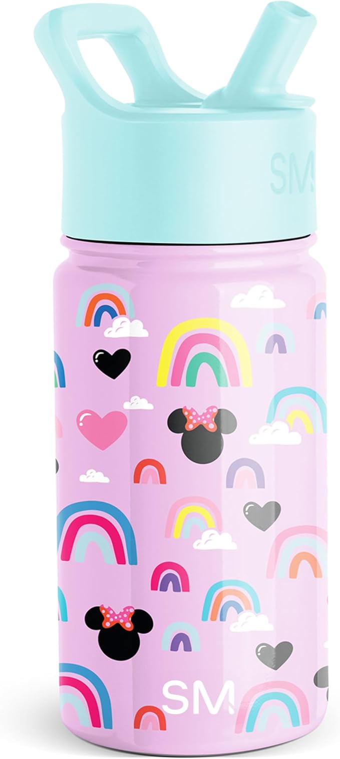 Simple Modern Kids Summit Water Bottle with Straw Lid | Disney Minnie Mouse 14oz Stainless Steel Cup Insulated Tumbler for Girls, School | Minnie Mouse Purple Rainbows