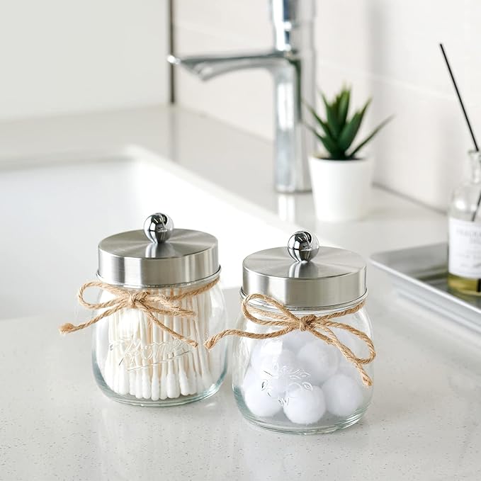 SheeChung 2 Pack Qtip Holder for Bathroom - Cotton Swab Holders, Bathroom Organizers and Storage for Cotton Round Pads, Balls, Floss Pick - Brushed Steel