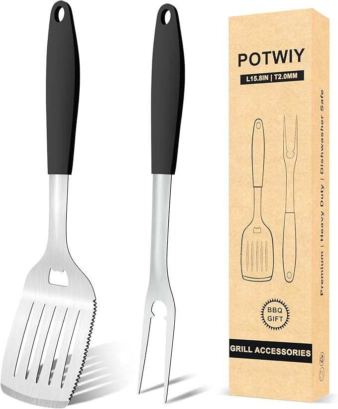 POTWIY 15.8" Stainless Steel Grill Tools - BBQ Spatula & Fork Set, 2-Piece